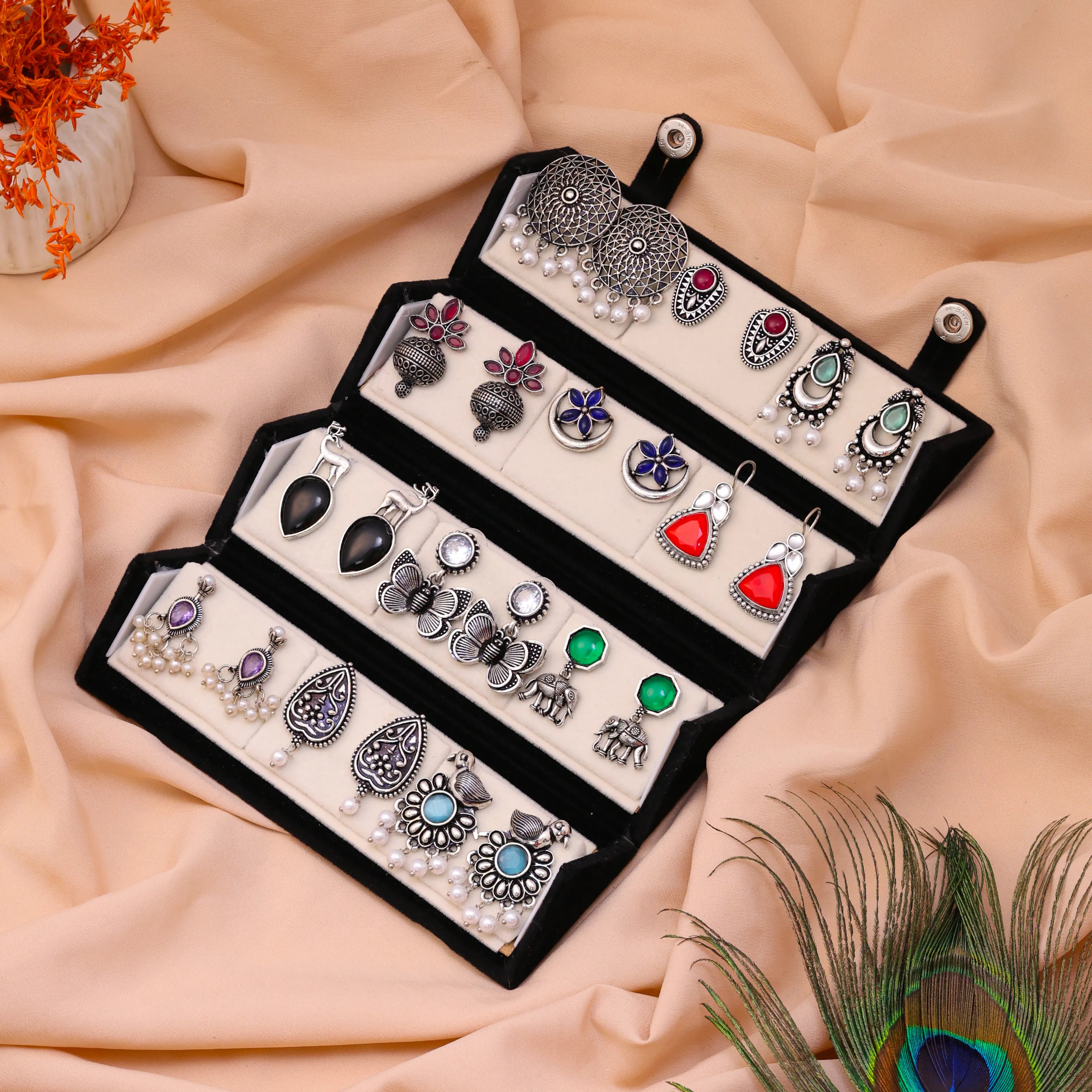12 Pairs of Oxidized Stud Earrings with Jewelry Box