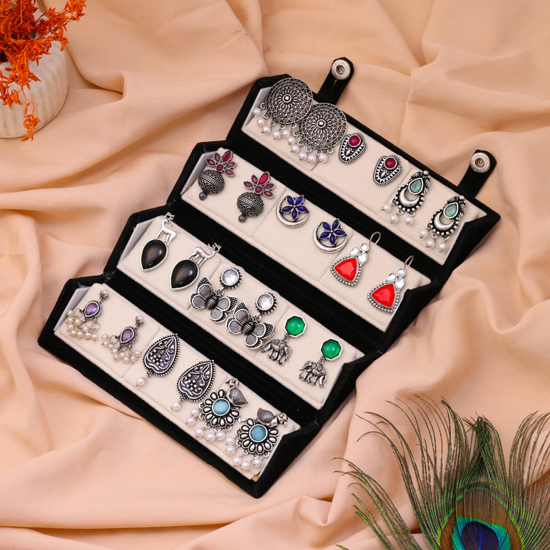12 Pairs of Oxidized Stud Earrings with Jewelry Box