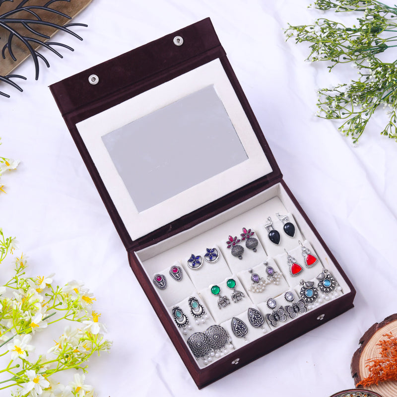 Premium Mirror Box with 12 Pairs of Oxidised Earrings