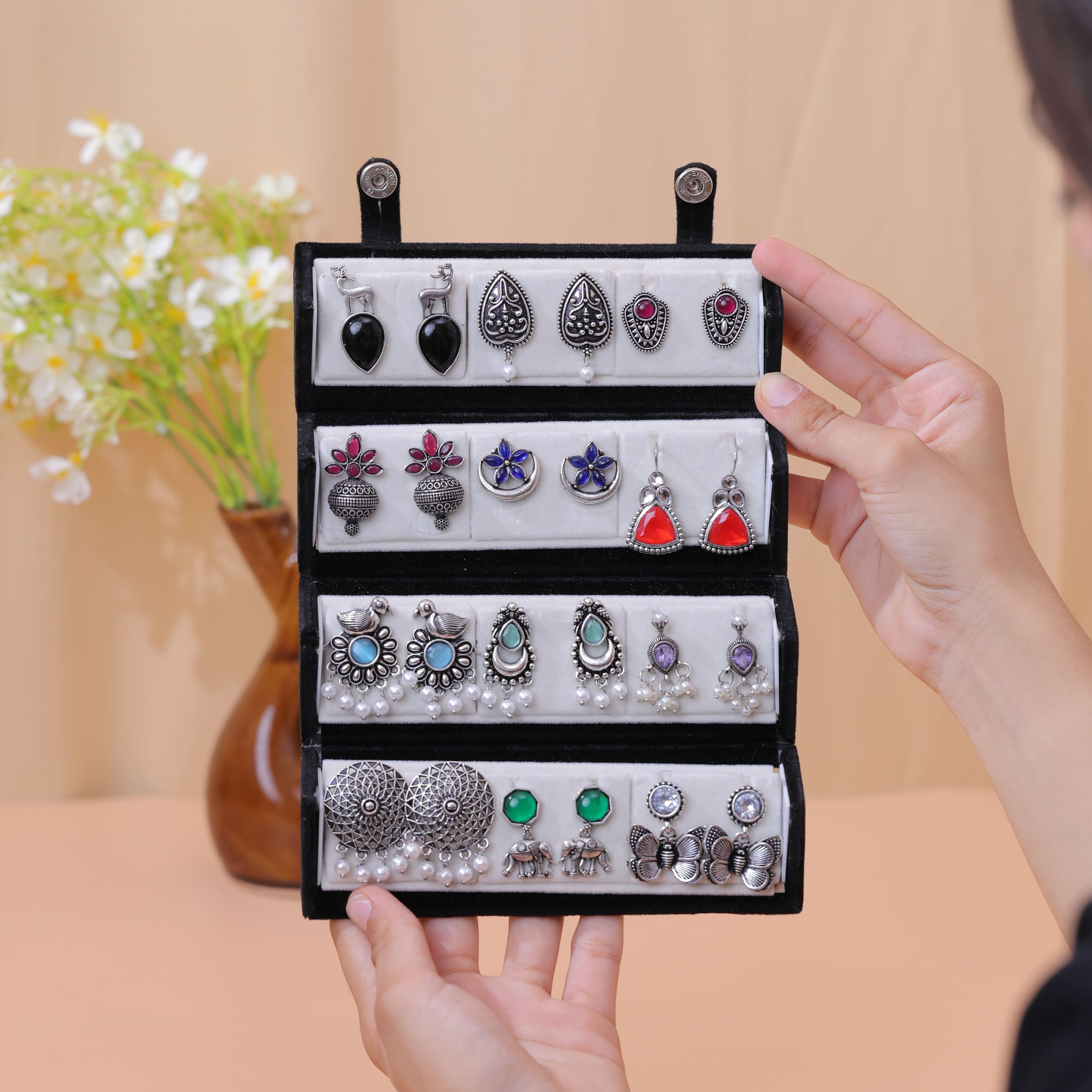 12 Pairs of Oxidized Stud Earrings with Jewelry Box