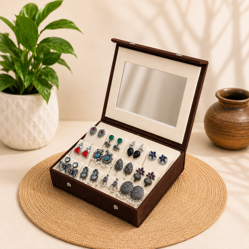 Premium Mirror Box with 12 Pairs of Oxidised Earrings