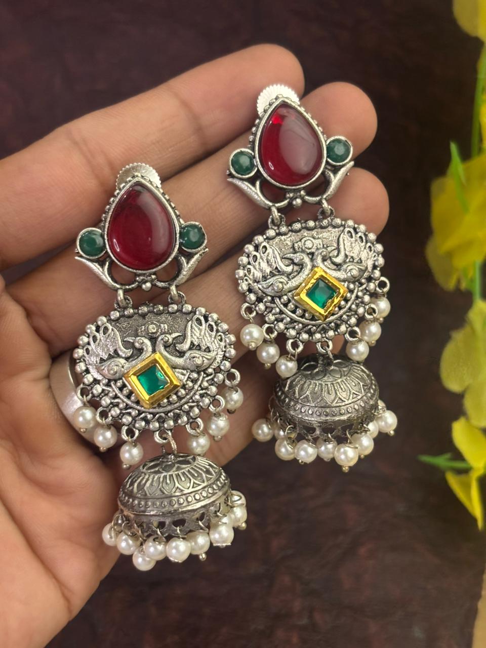 Peacock Design Jhumka Earrings with Pearl Drops