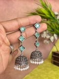 Oxidised Silver Jhumka Earrings with Crystal Stones & Pearl Drops