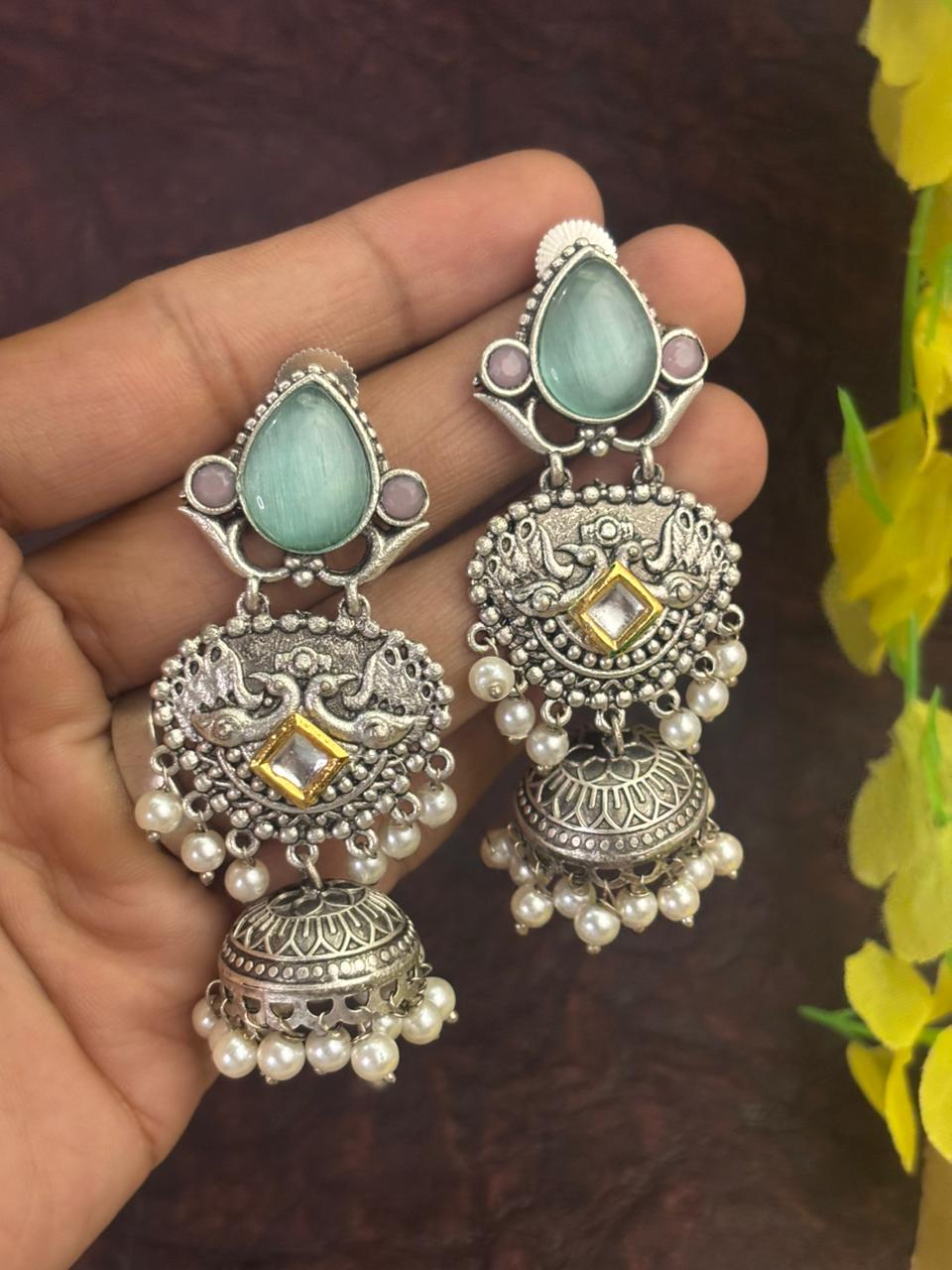 Peacock Design Jhumka Earrings with Pearl Drops
