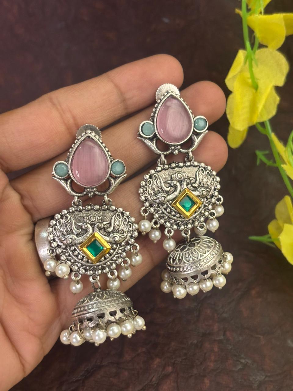 Peacock Design Jhumka Earrings with Pearl Drops