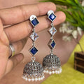 Oxidised Silver Jhumka Earrings with Crystal Stones & Pearl Drops