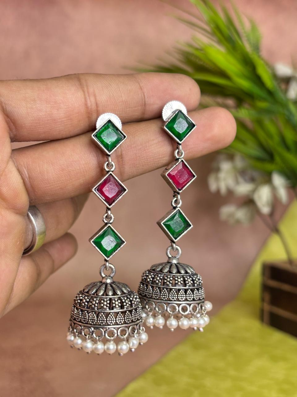 Oxidised Silver Jhumka Earrings with Crystal Stones & Pearl Drops