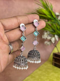 Oxidised Silver Jhumka Earrings with Crystal Stones & Pearl Drops