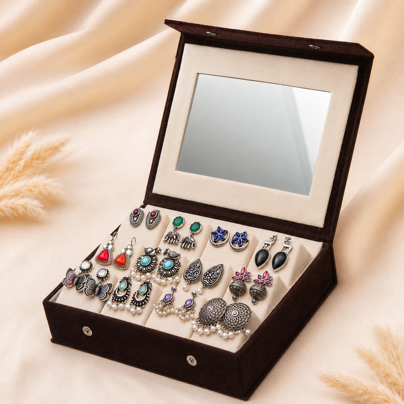 Premium Mirror Box with 12 Pairs of Oxidised Earrings