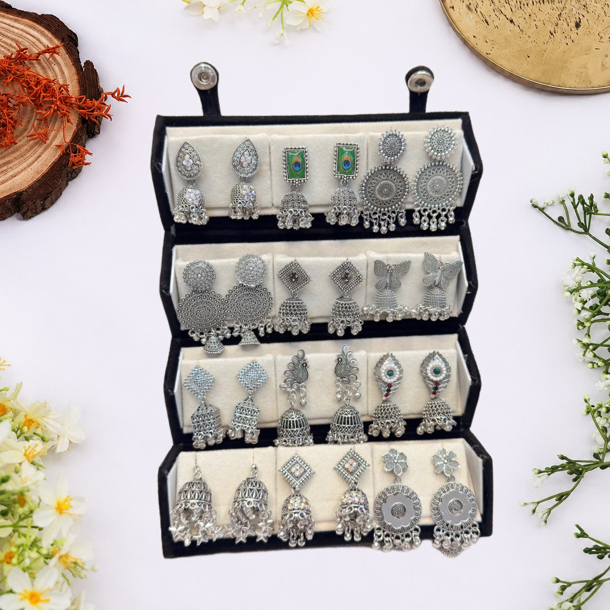 12 Pairs New Oxidised Earrings Set with Jewellery Box