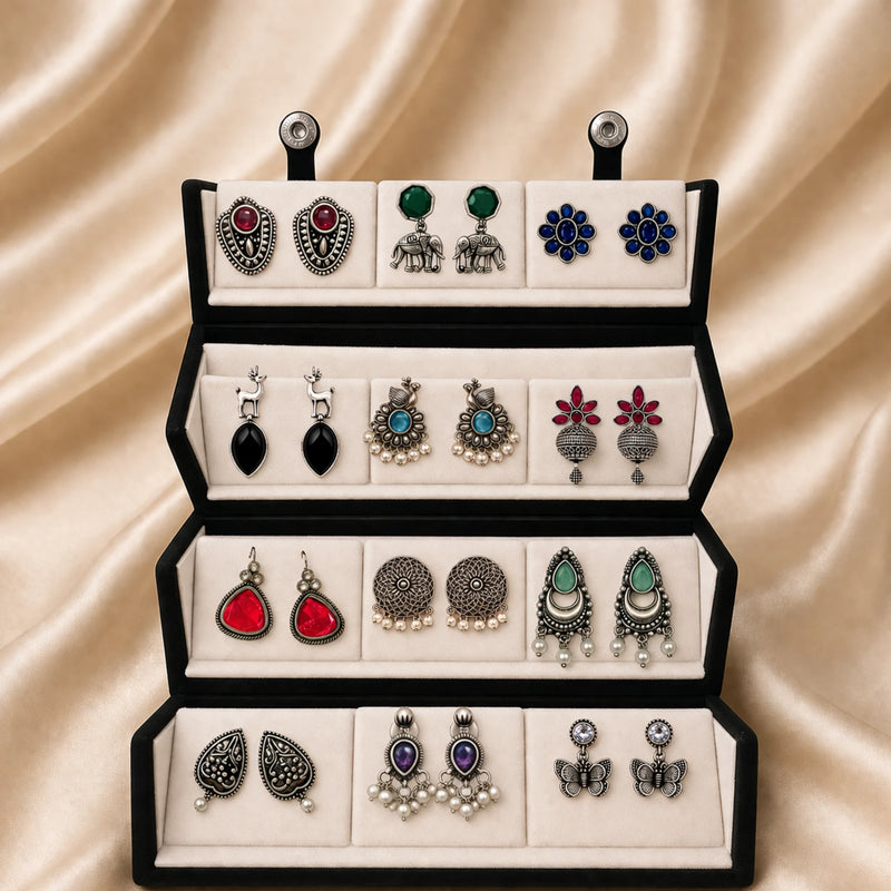 12 Pairs of Oxidized Stud Earrings with Jewelry Box
