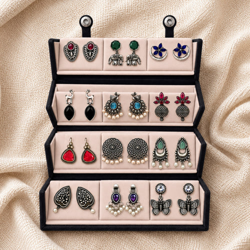 12 Pairs of Oxidized Stud Earrings with Jewelry Box